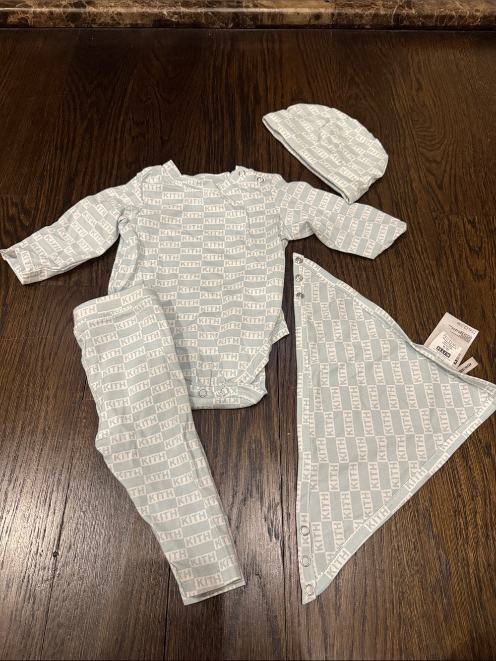 Kith Mint Logo Baby One-Piece Set with Hat, Pants & Bib